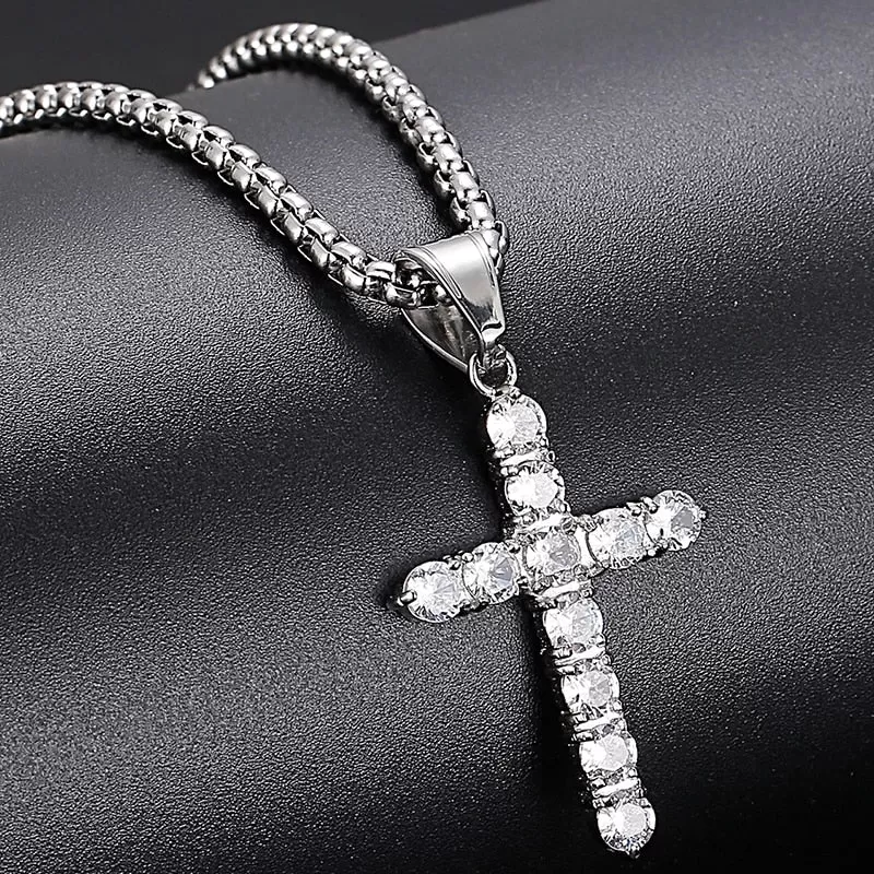 Stainless Steel Iced Cubic Zirconia Cross Pendant Necklace