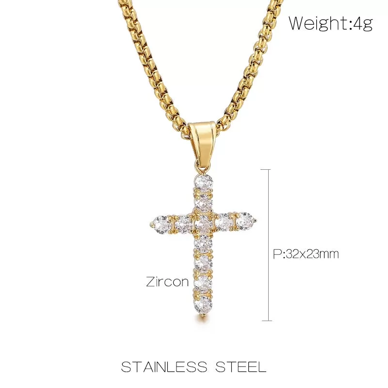 Stainless Steel Iced Cubic Zirconia Cross Pendant Necklace