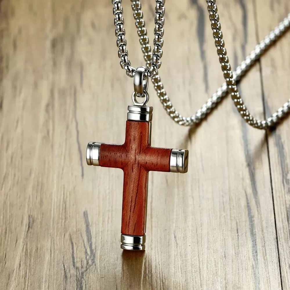 Stainless Steel Rosewood Cross Pendant Necklace