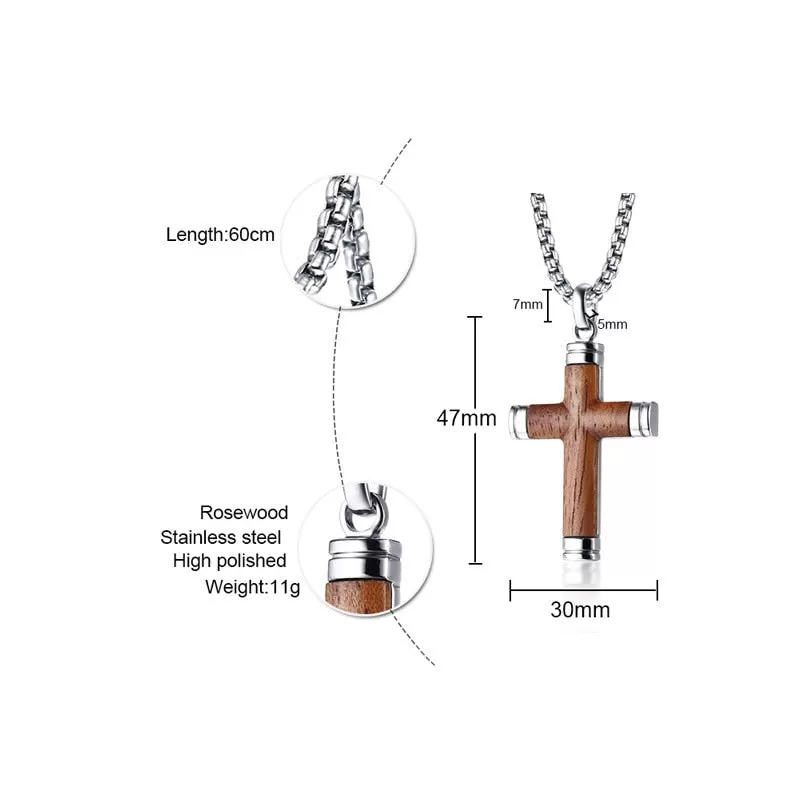 Stainless Steel Rosewood Cross Pendant Necklace