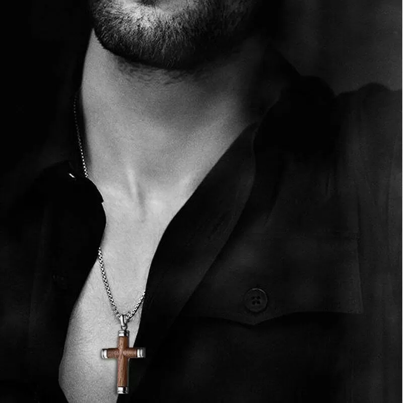 Stainless Steel Rosewood Cross Pendant Necklace