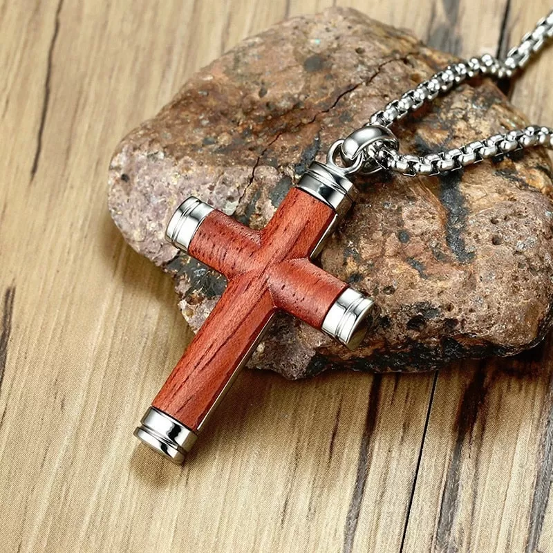 Stainless Steel Rosewood Cross Pendant Necklace