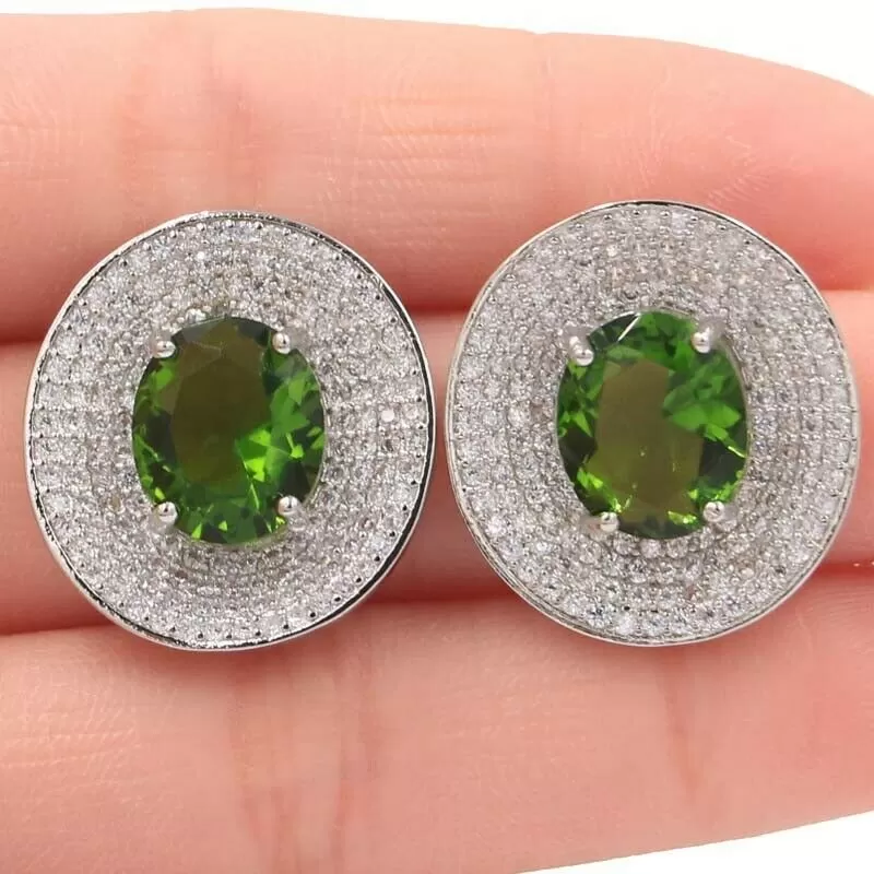 Sterling Silver Big Oval Peridot Micro-Pave CZ Stud Wedding Earrings