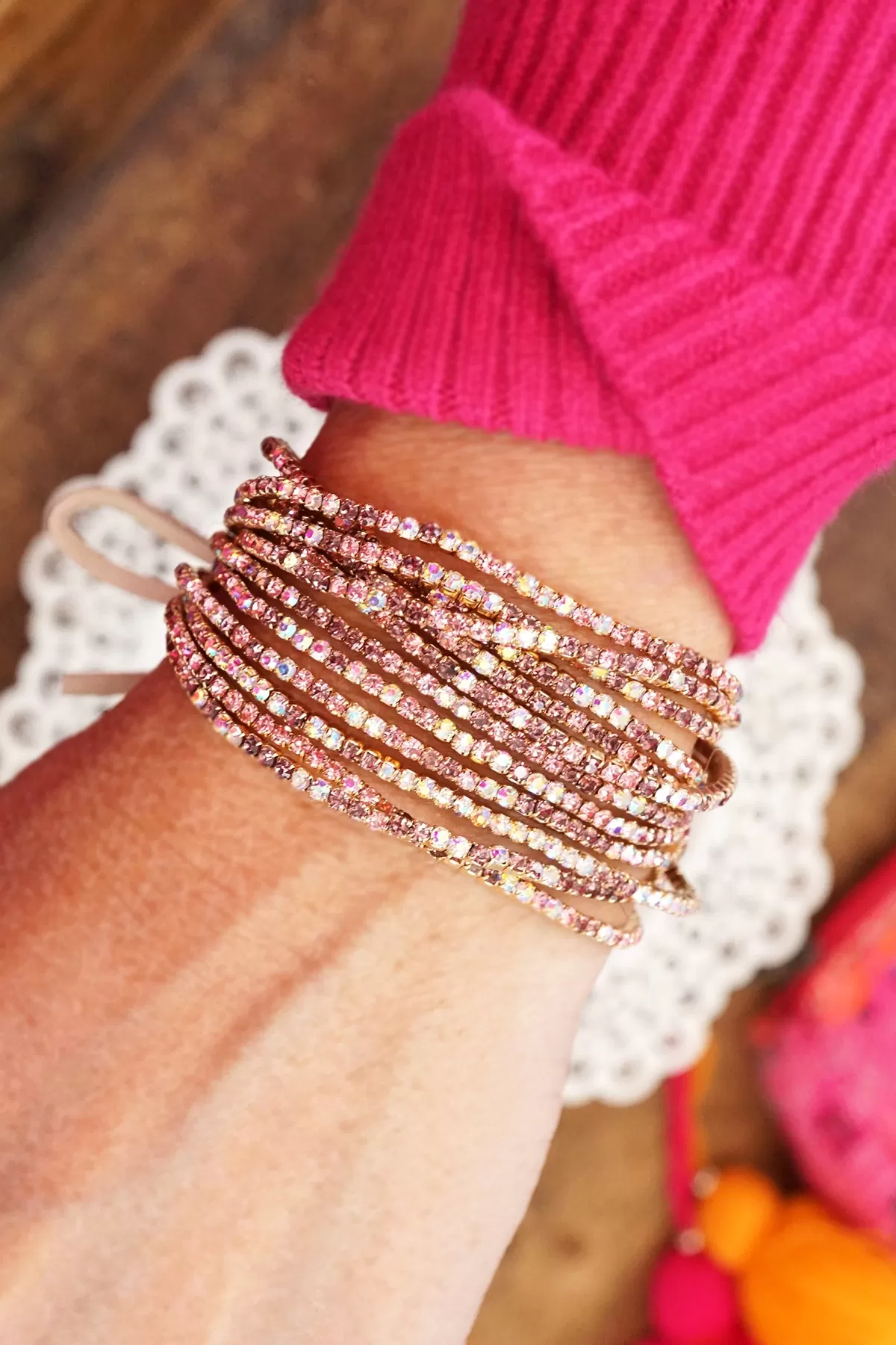 Stretchy Bracelets Stack with Rhinestones in Pinks and Purple