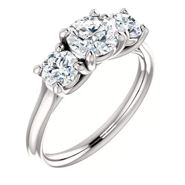 Three Stone Diamond Engagement Ring, Round Side Stone