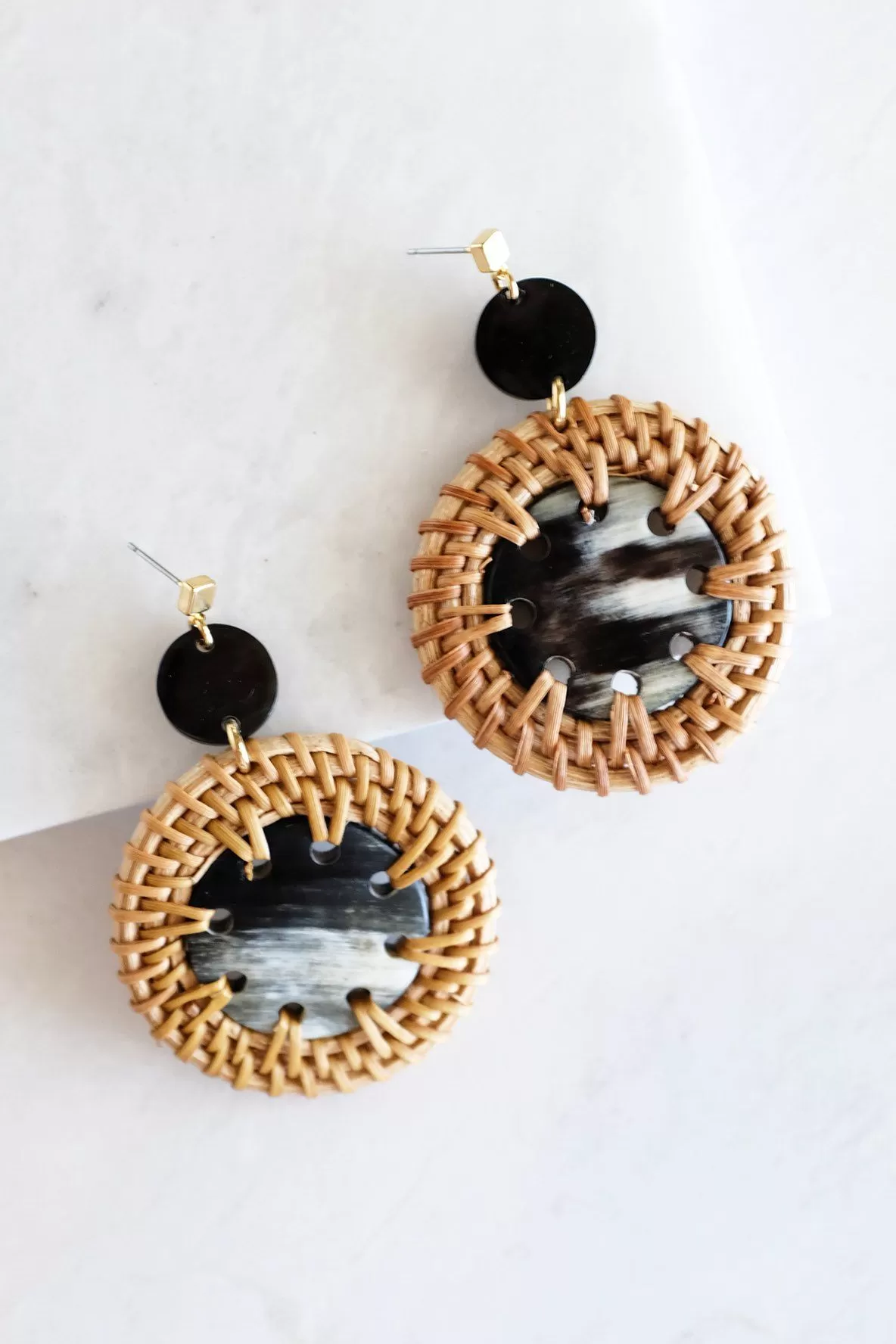 Thuy Binh Buffalo Horn & Handwoven Rattan Dangle Earrings