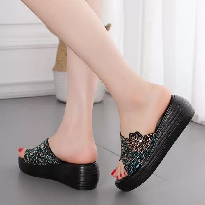 TM1153 Rhinestone Leather Women's Casual Shoe Slippers with Wedges