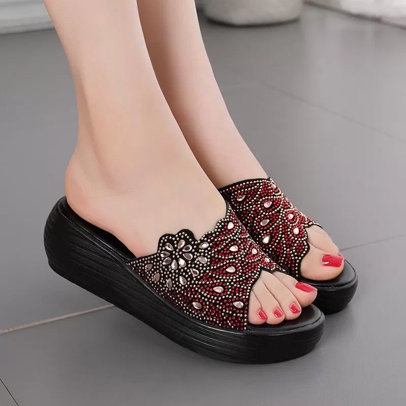 TM1153 Rhinestone Leather Women's Casual Shoe Slippers with Wedges