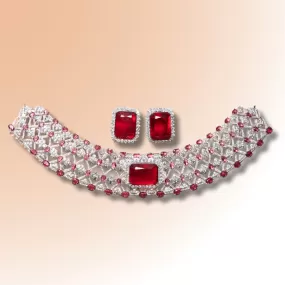 Tracy Ruby Red White Gold Luxury Necklace & Earring Set By Jaipur Rose Luxury Indian Jewelry Onli