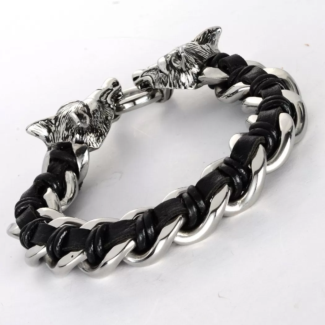 Twin Wolves Leather Chain Bracelet