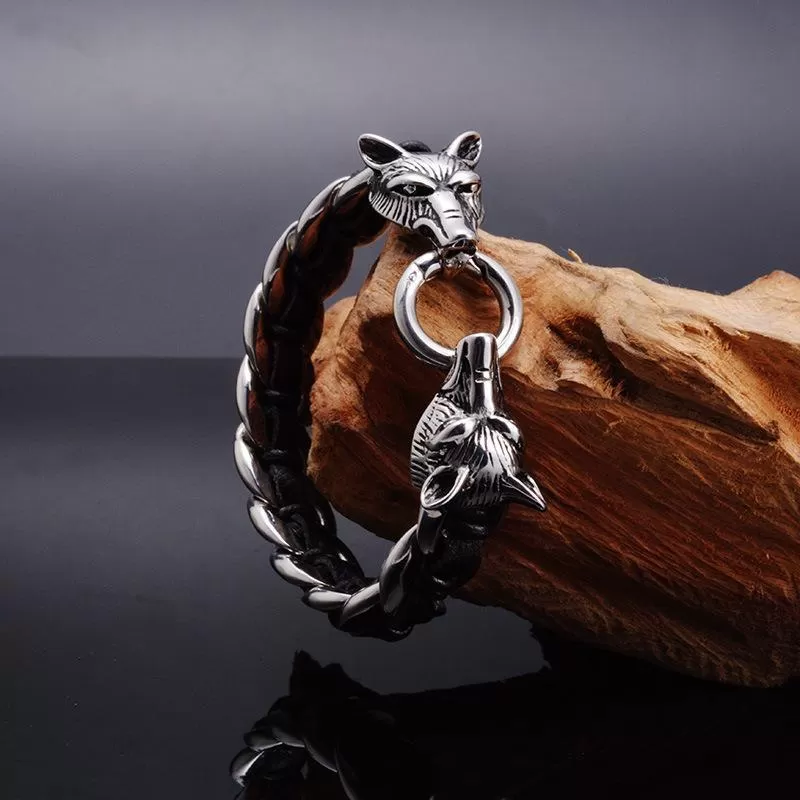 Twin Wolves Leather Chain Bracelet