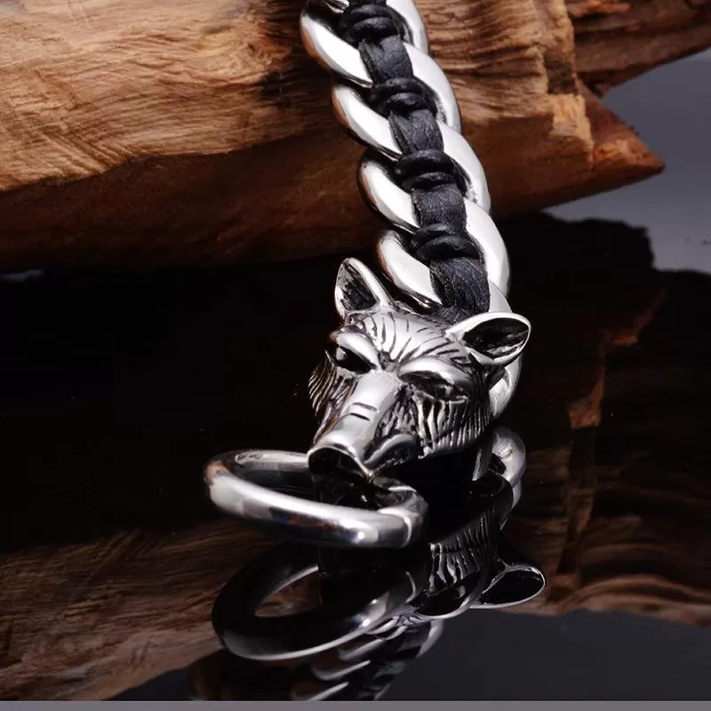 Twin Wolves Leather Chain Bracelet