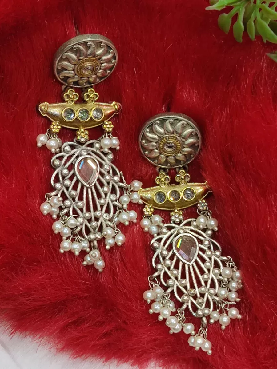 Two Tone White Stoned High End Oxidized Earrings