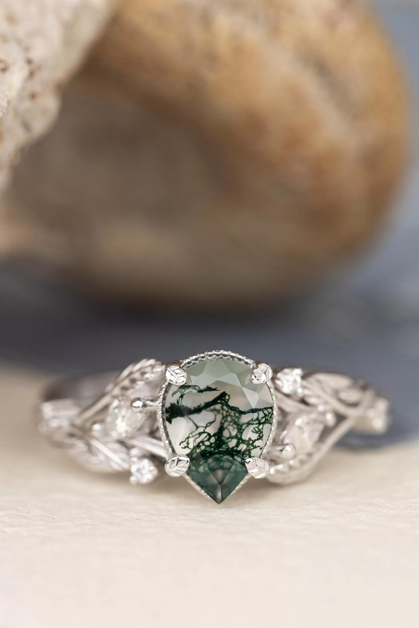 Unique moss agate engagement ring with diamonds, nature themed leaves and diamonds ring / Patricia