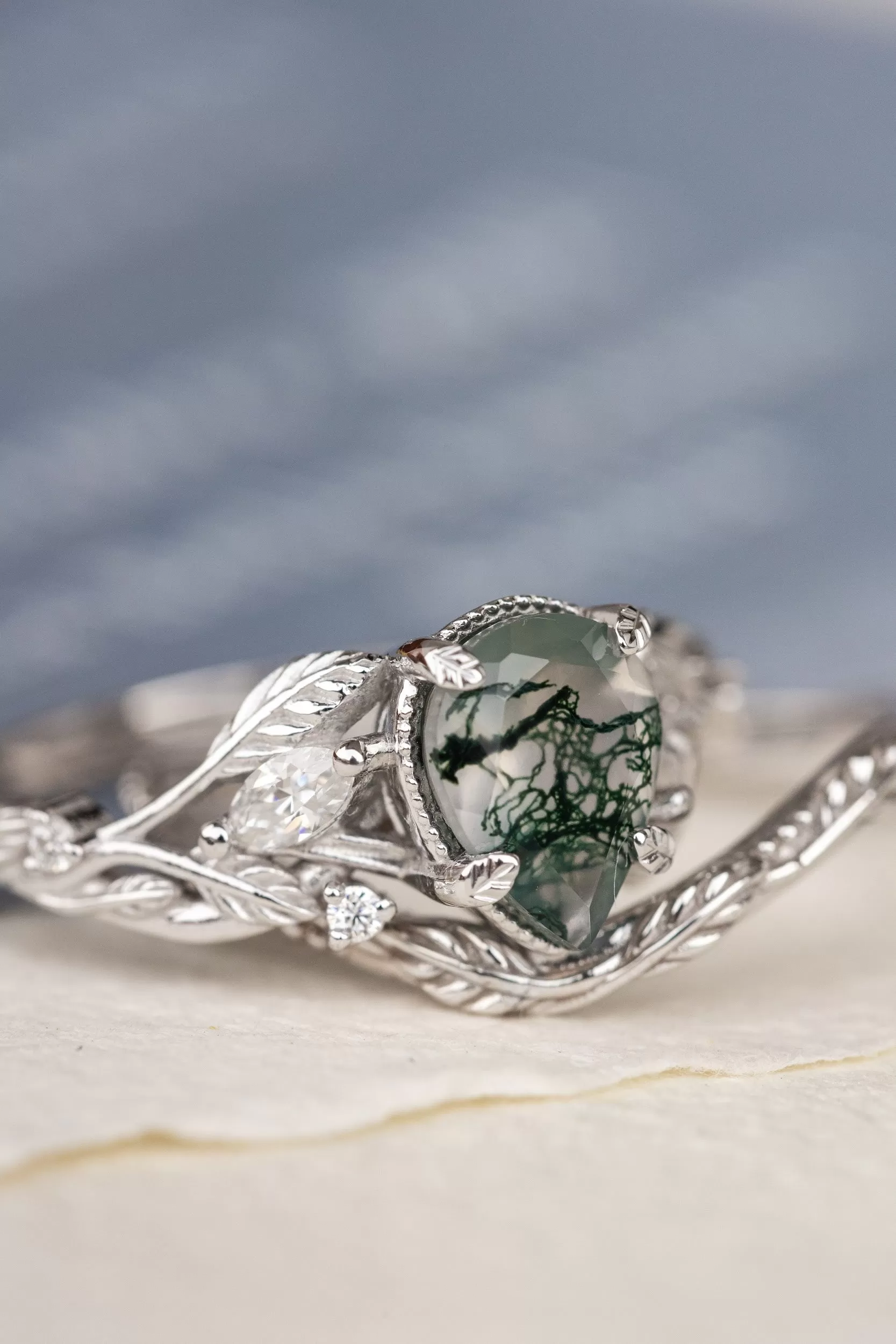 Unique moss agate engagement ring with diamonds, nature themed leaves and diamonds ring / Patricia