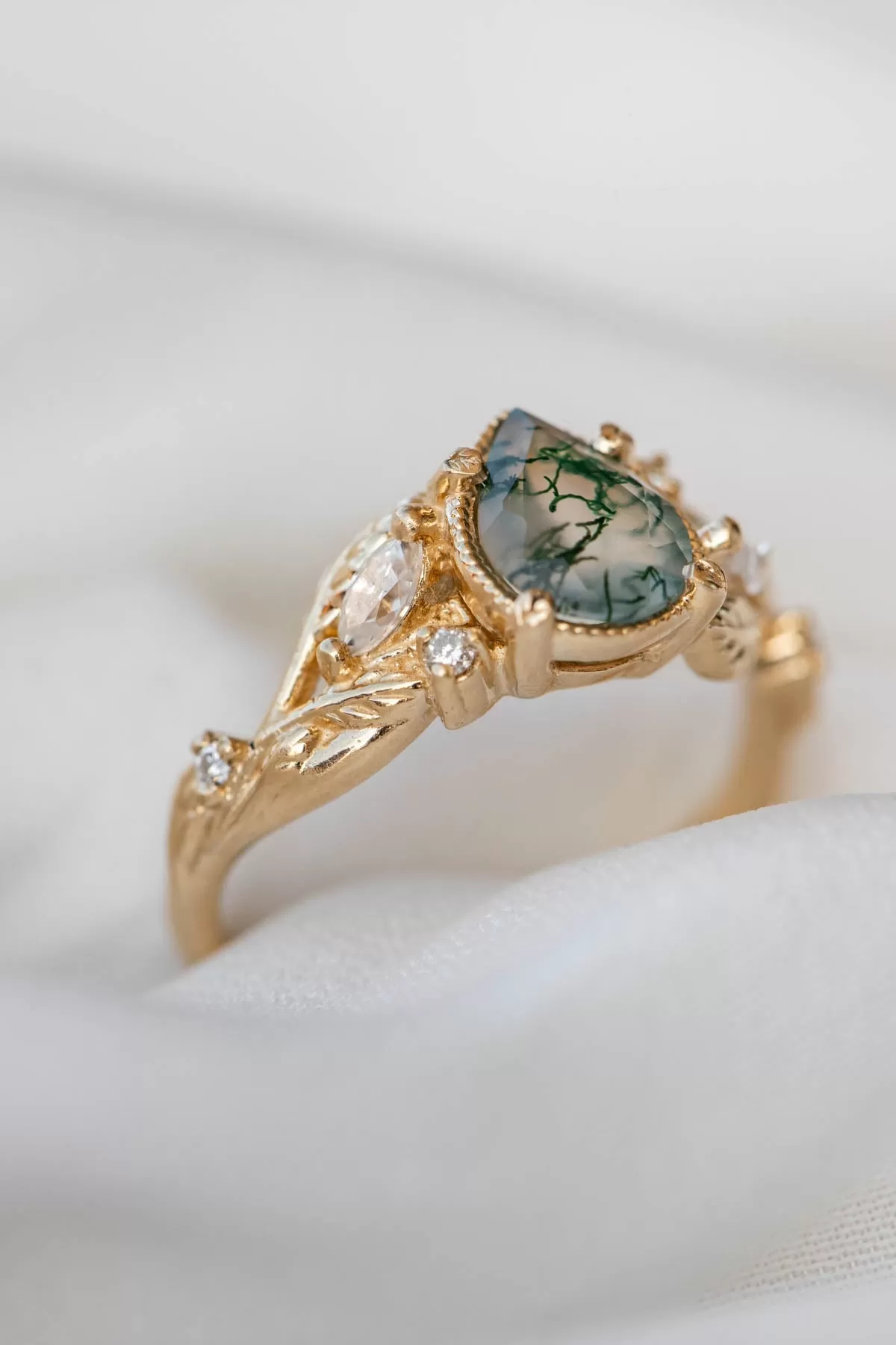 Unique moss agate engagement ring with diamonds, nature themed leaves and diamonds ring / Patricia