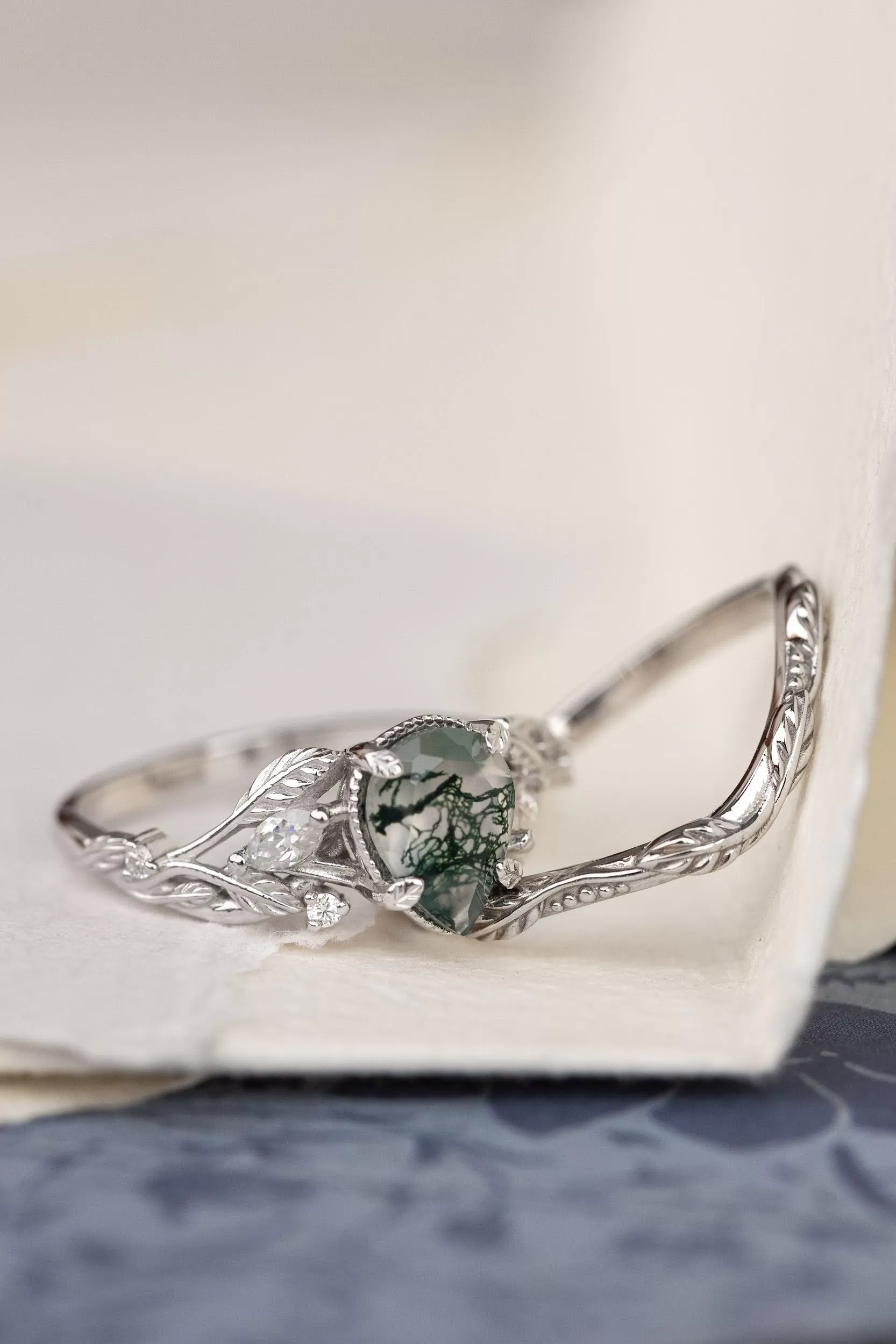 Unique moss agate engagement ring with diamonds, nature themed leaves and diamonds ring / Patricia