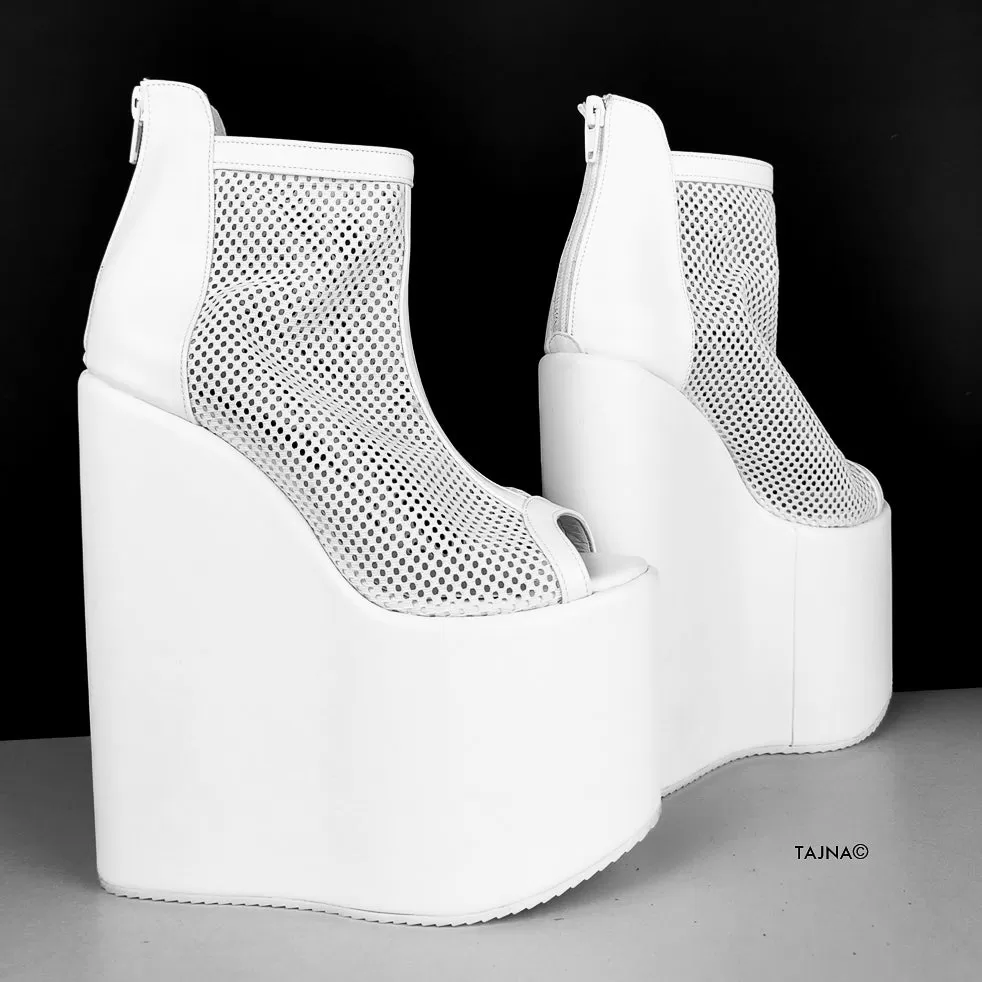 White Fishnet Peep-toe Wedge Platform Boots