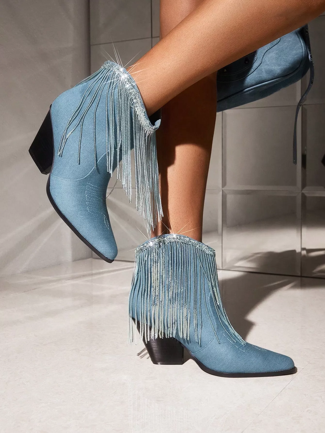 Woman Shoes Fashion Point Toe Sparkly Fringed One-Step Slip-On Western Blue Boots For Outdoor Valentines Day