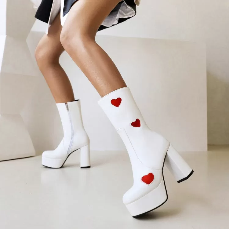 Women's Bicolor Love Hearts Pu Leather Round Toe Side Zippers Block Chunky Heel Platform Mid Calf Boots