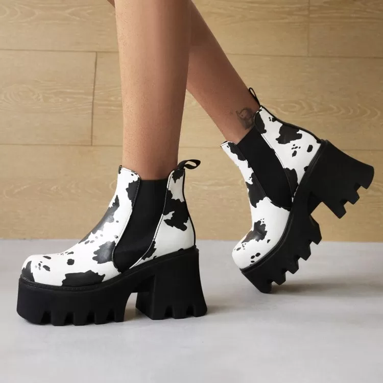 Women's Bicolor Pu Leather Square Toe Stretch Block Chunky Heel Platform Short Boots