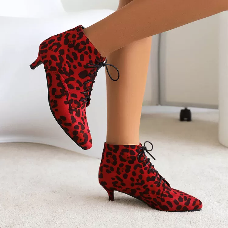 Women's Booties Leopard Print Flock Lace Up Kitten Heel Ankle Boots