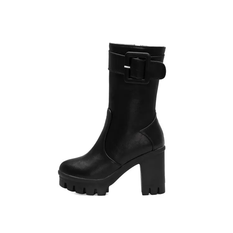 Women's Buckle Block Heel Platform Mid Calf Boots