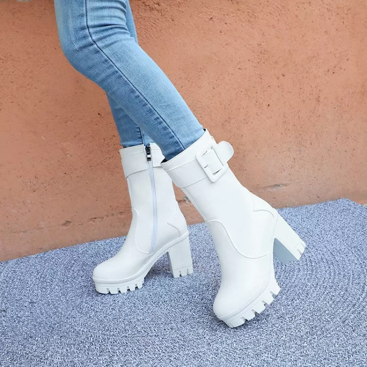 Women's Buckle Block Heel Platform Mid Calf Boots