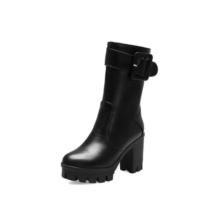 Women's Buckle Block Heel Platform Mid Calf Boots