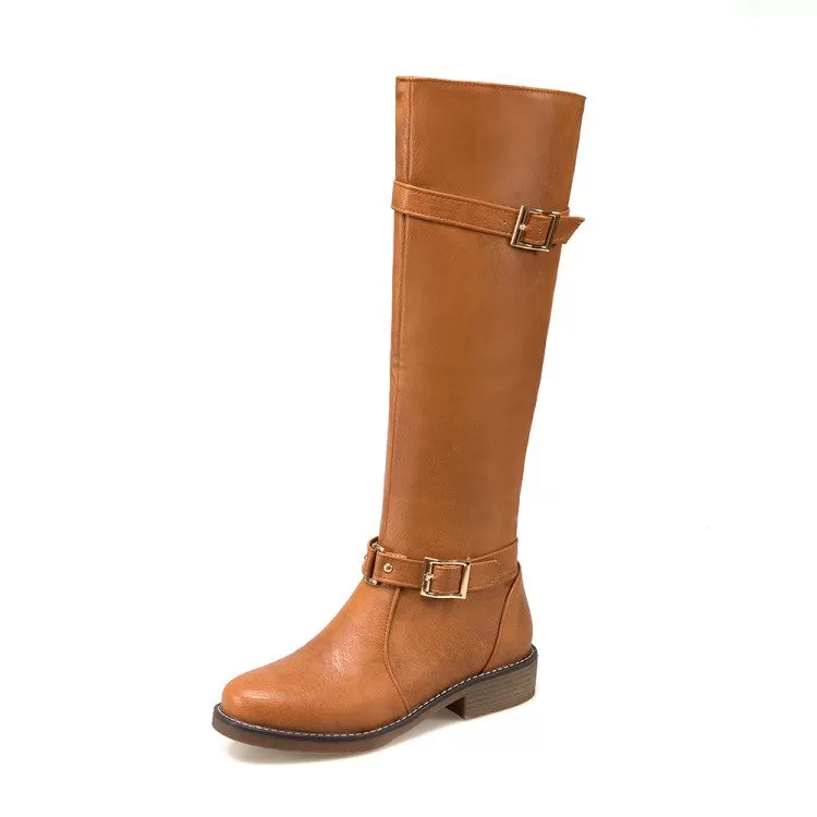 Women's Buckle Straps Block Heel Knee High Knight Boots