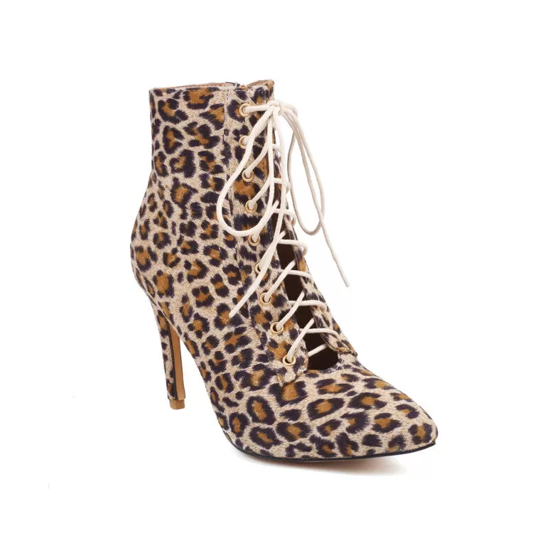 Women's Cow Leopard Print Pointed Toe Lace-Up Stiletto Heel Ankle Boots