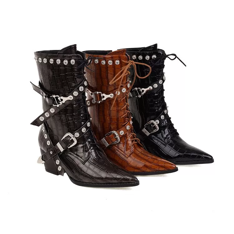 Women's
 Crocodile Pattern Pointed Toe Belts Buckles Rivets Puppy Heel Mid Calf Boots