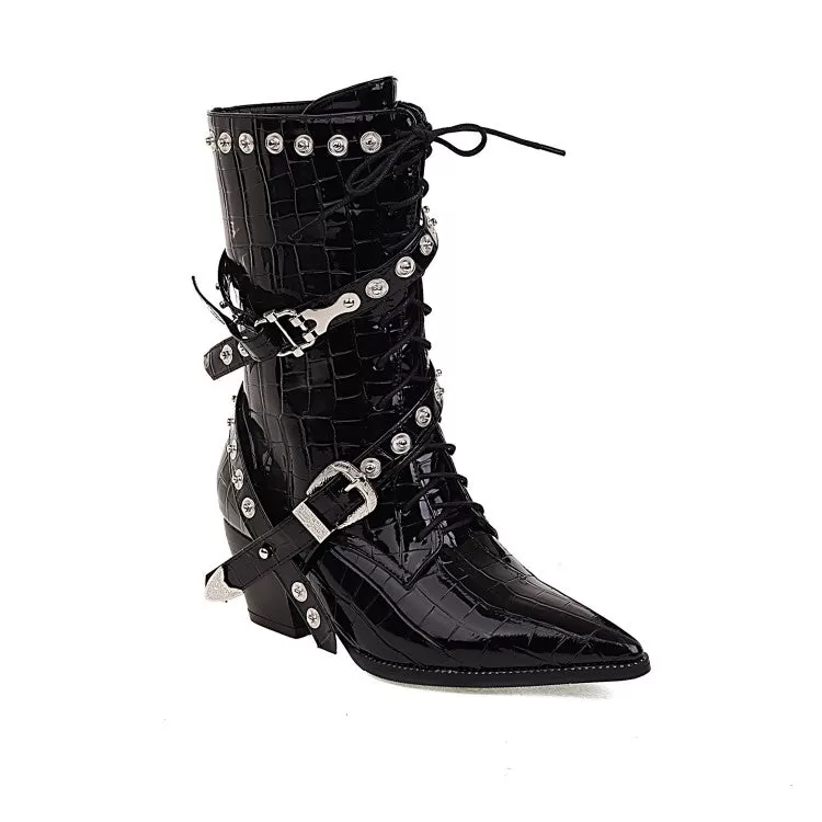 Women's
 Crocodile Pattern Pointed Toe Belts Buckles Rivets Puppy Heel Mid Calf Boots