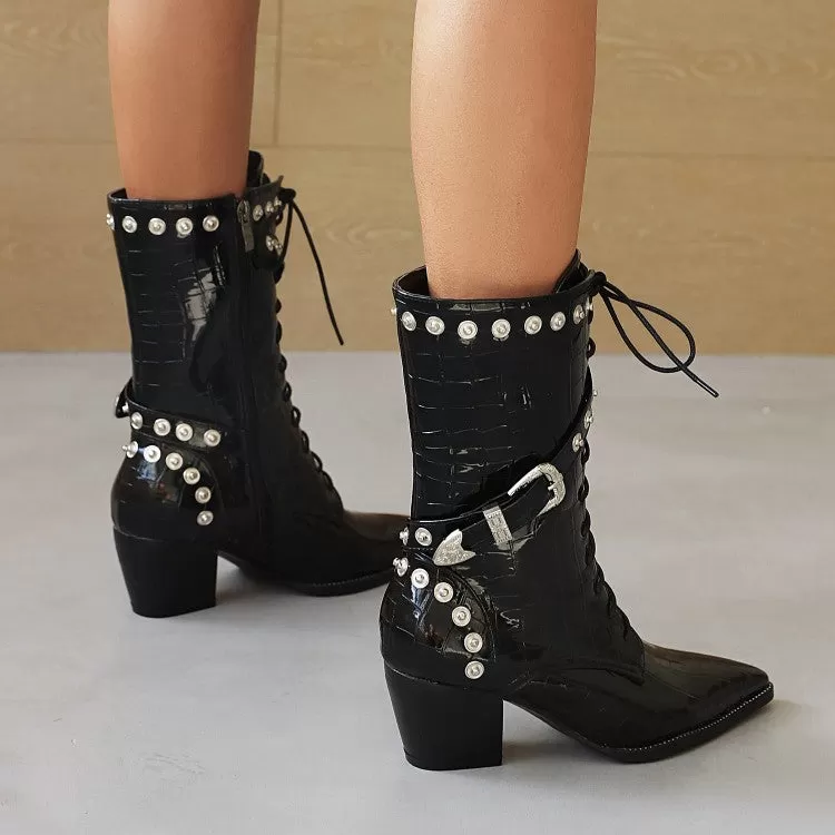 Women's
 Crocodile Pattern Pointed Toe Buckles Belts Rivets Block Heel Mid Calf Boots