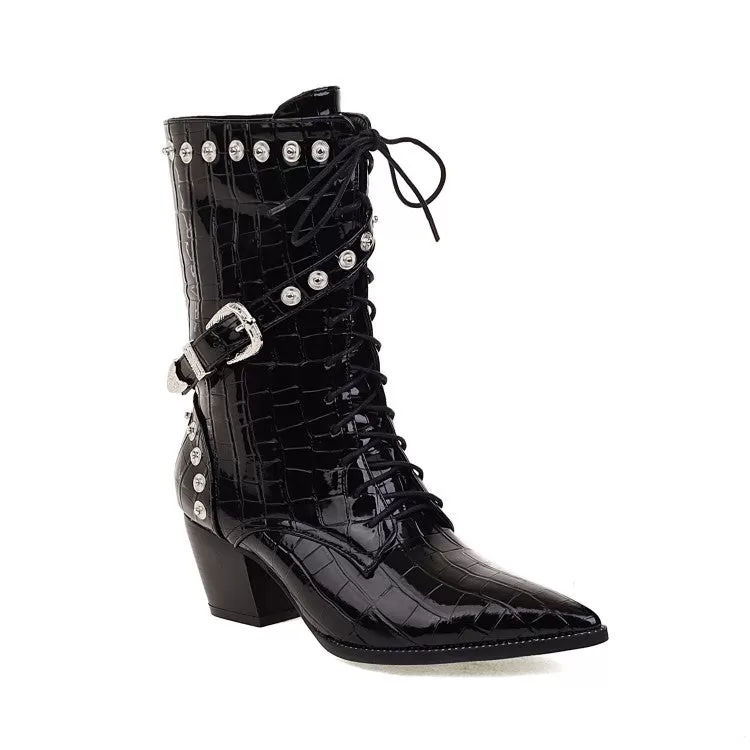 Women's
 Crocodile Pattern Pointed Toe Buckles Belts Rivets Block Heel Mid Calf Boots