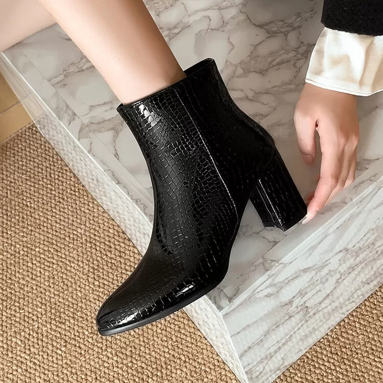 Women's Crocodile Pattern Pu Leather Side Zippers Block Chunky Heel Short Boots