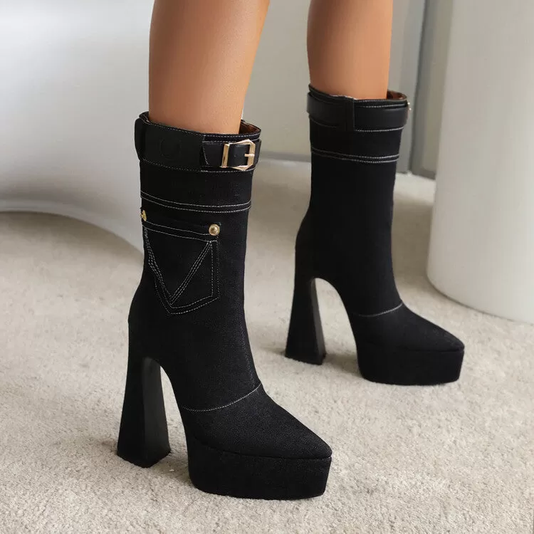 Women's Denim Pointed Toe Pocket Buckle Straps Spool Heel Platform Mid-calf Boots