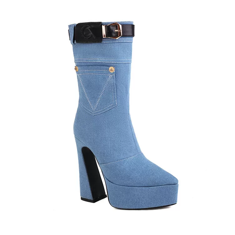 Women's Denim Pointed Toe Pocket Buckle Straps Spool Heel Platform Mid-calf Boots