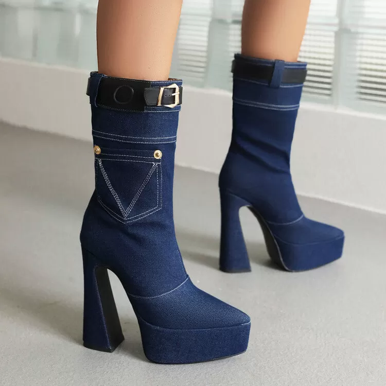 Women's Denim Pointed Toe Pocket Buckle Straps Spool Heel Platform Mid-calf Boots