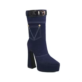 Women's Denim Pointed Toe Pocket Buckle Straps Spool Heel Platform Mid-calf Boots