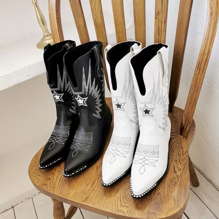 Women's Embroidery Pointed Toe Low Heels Cowboy Mid Calf Boots