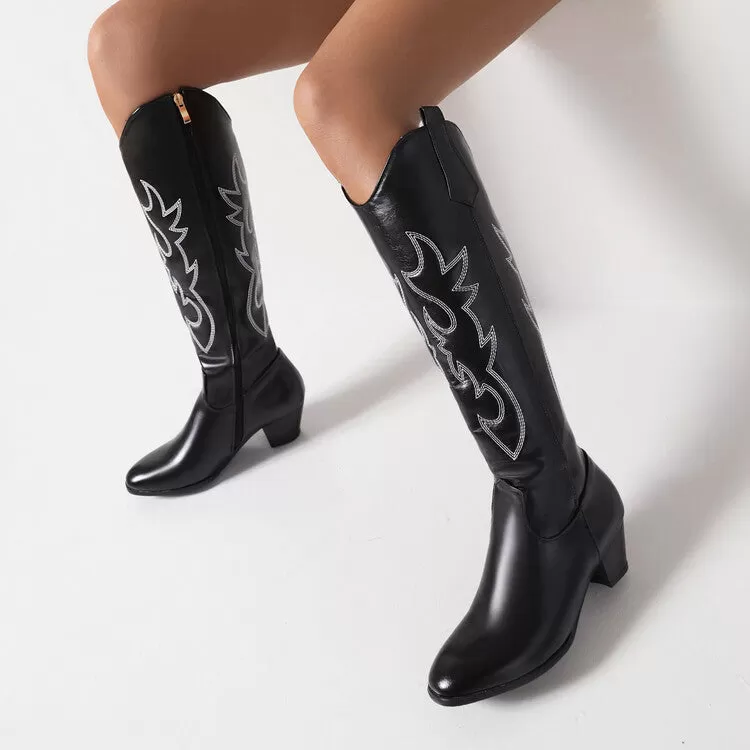 Women's Embroidery Side Zippers Puppy Heel Cowboy Knee High Boots