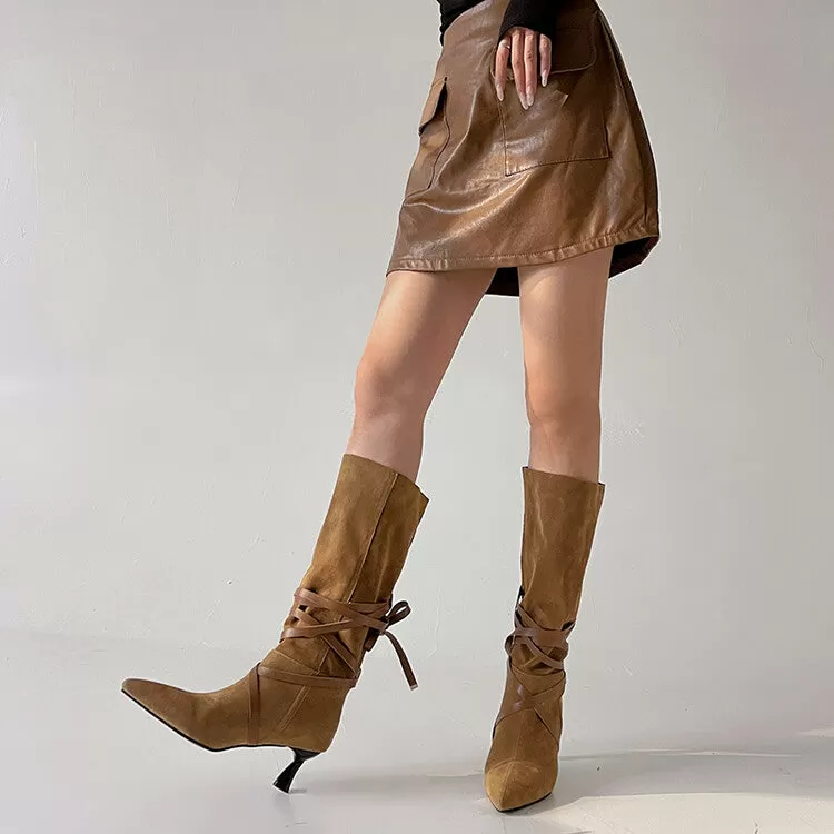 Women's Flock Pointed Toe Entangled Straps Spool Heel Mid-Calf Boots