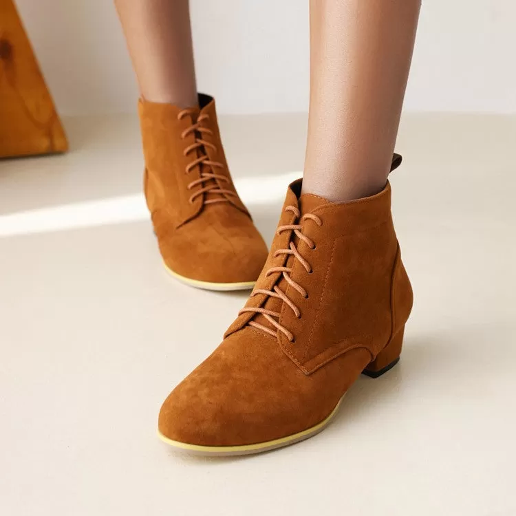 Women's Flock Round Toe Lace Up Block Chunky Heel Short Boots