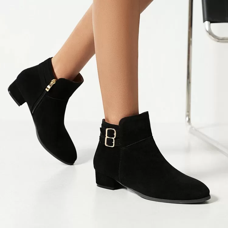 Women's Flock Round Toe Side Zippers Double Buckle Straps Block Chunky Heel Short Boots