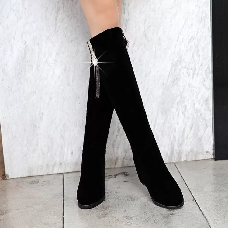 Women's Flock Sparkling Rhinestone Tassel Wedge Heel Knee High Boots