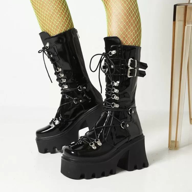 Women's Glossy Metal Buckle Straps Lace Up Block Chunky Heel Platform Mid-calf Boots