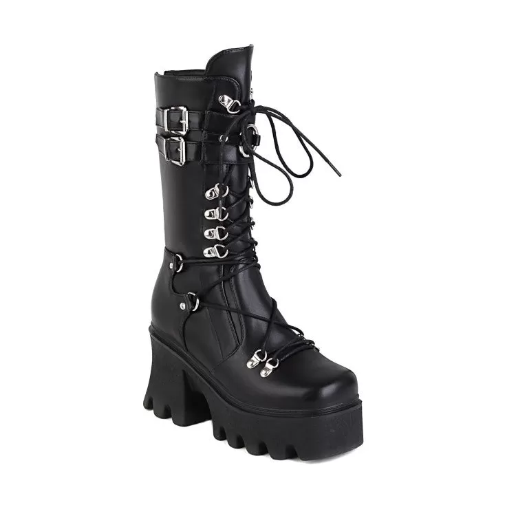 Women's Glossy Metal Buckle Straps Lace Up Block Chunky Heel Platform Mid-calf Boots