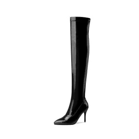 Women's Glossy Pointed Toe Side Zippers Stiletto Heel Over the Knee Boots