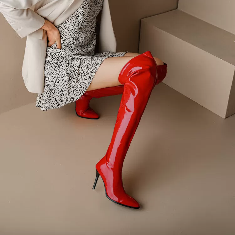 Women's Glossy Pointed Toe Stiletto Heel Over-the-Knee Boots